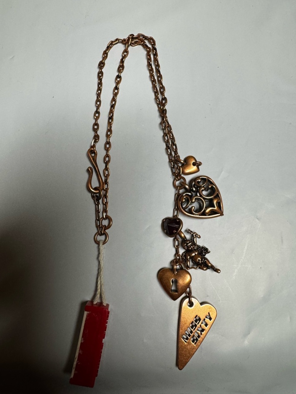 Miss Sixty Bronze-Tone Heart Charm Necklace with Red Accent